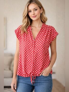 89th & Madison Coral White Polka Dots Knot Retro Vibes Blouse Size Small